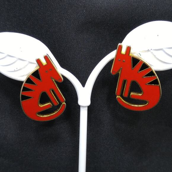 Laurel Burch "Terra" Coyote Post Earrings, Cloisonné Gold Plated, 1980s Vintage - Picture 2 of 10